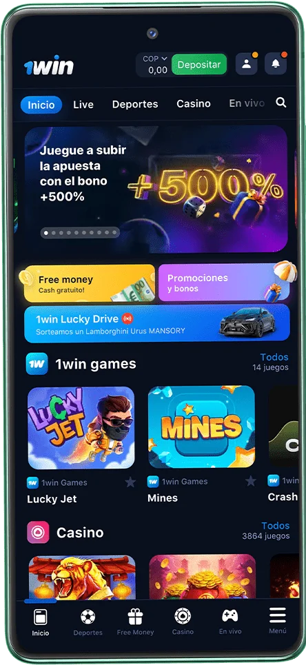 Captura de pantalla de la página de inicio de la aplicación móvil 1win