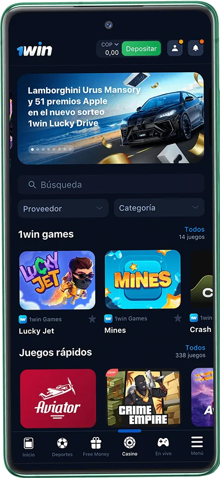 Captura de pantalla de la página del casino en la aplicación móvil 1win