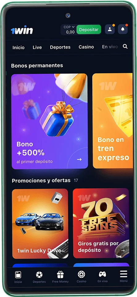 Captura de pantalla de la página de bonificaciones de la aplicación móvil 1win