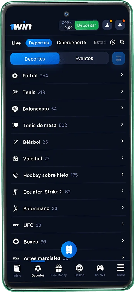 Captura de pantalla de la página de apuestas deportivas de la aplicación móvil 1win