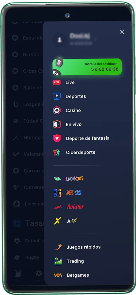 Captura de pantalla del menú de la aplicación móvil 1win